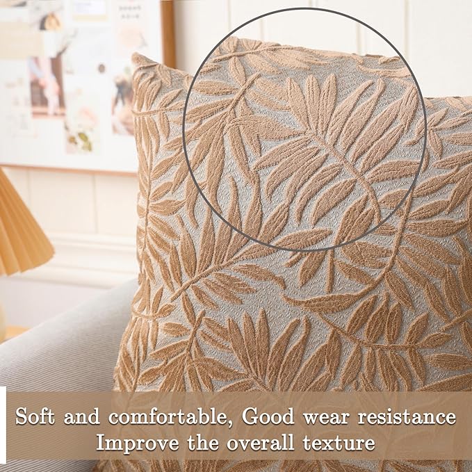 HPUK Leaf Cut Velvet Throw Pillow Covers Pack of 2, 18x18 Inch Accent Cushion Covers for Living Room, Bedroom, Decorative Pillow Covers for Couch, Sofa, Chair, Brown