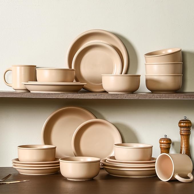 GZG 8 Inch Ceramic Dinner Salad Plates Set of 4, Rustic Matte Glaze Stoneware Dinnerware Set, Microwave & Dishwasher Safe, for Salad, Dessert, Appetizer, Everyday Use(Warm Sand)