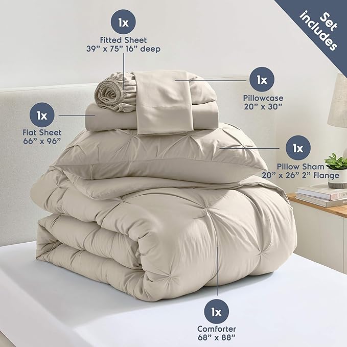 Nestl Twin Comforter Set 5 Piece - Pintuck Twin Bedding Sets Beige, College Dorm Room Essentials for Girls and Boys Bed in a Bag Twin All Season, Twin Comforter Set with Sheets, Pillowcase and Sham