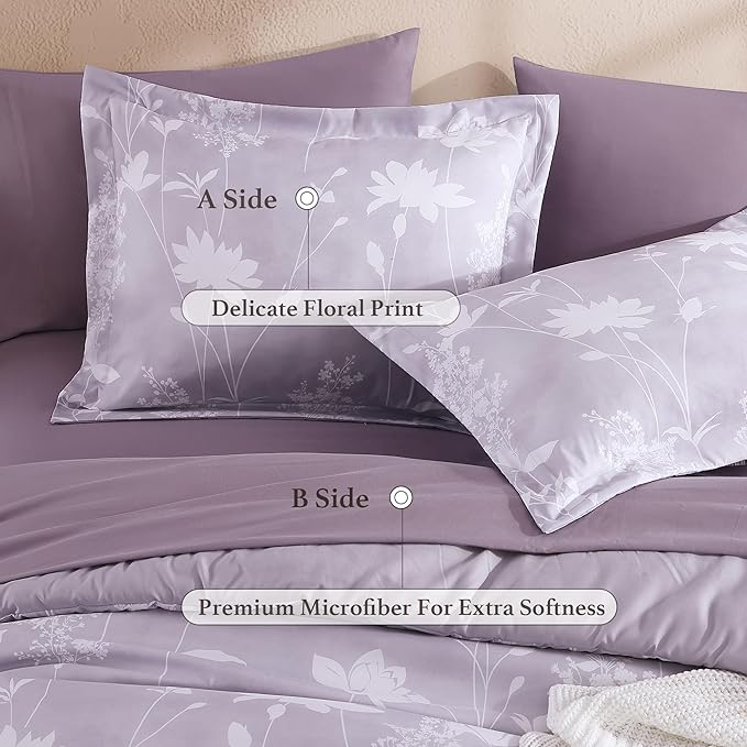 King Comforter Set -7 Pieces Floral Purple Comforter Set for All Seasons, Bed in a Bag King with Botanical Flowers Comforter, Sheets, Pillowcases & Shams