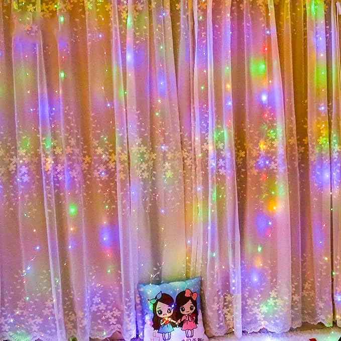 Dazzle Bright Window Curtain String Lights, 300 LED 9.8ft x 9.8ft Multicolor Fairy Lights with 8 Lighting Modes, Waterproof Lights for Bedroom Party Wedding Home Garden Wall Decor