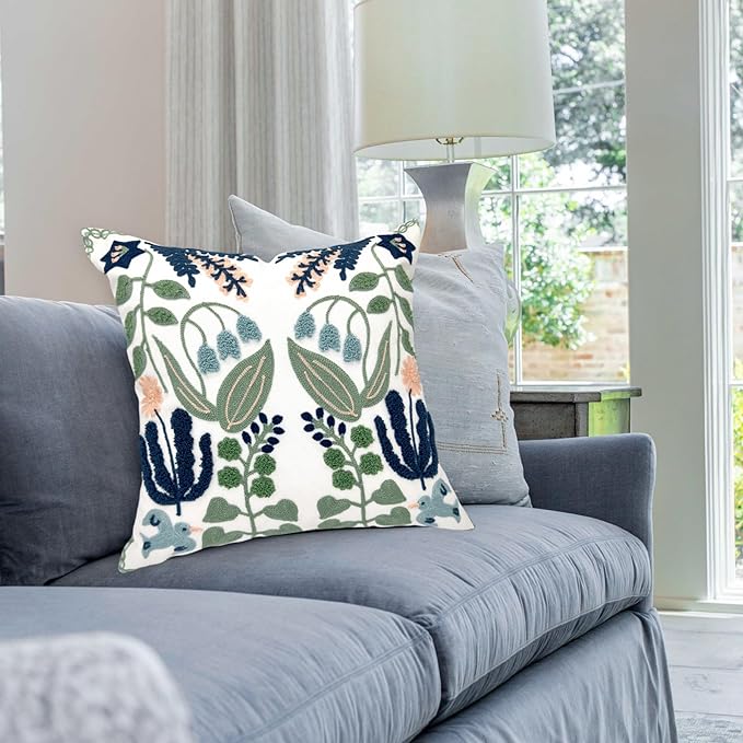 Alysheer Floral Embroidered Summer Decorative Throw Pillow Covers 20"x 20" Set of 2, Farmhouse Cottage Navy Blue Green Flowers Leaves Knit Pattern Cotton Canvas Cushion Case for Couch Bed Living Room