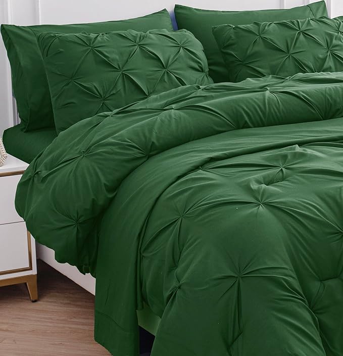 LANE LINEN Queen Comforter Set - 7 Pieces Pintuck Bed in A Bag, Queen Bed Set with Comforters, Sheets, Pillowcases & Shams, Bedding Set - Olive Green