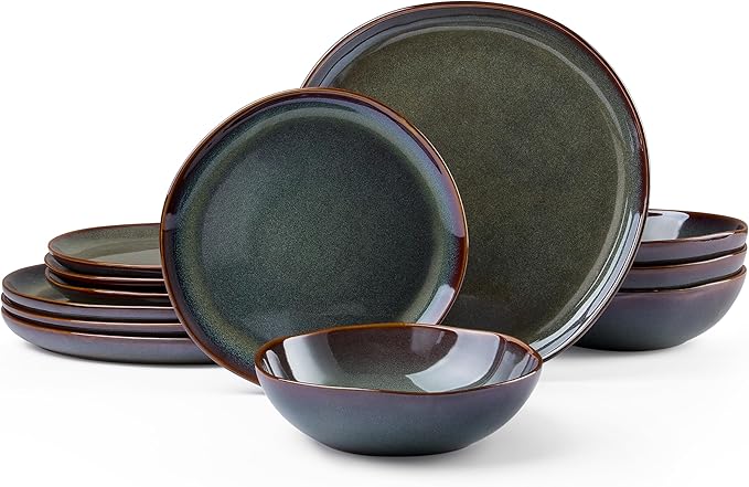 HaWare Plates and Bowls Set, Stoneware Dinnerware Sets, 12-Piece Hand-painted Dishware for 4, Ceramic Dinner Set for Home Kitchen, Scratch Resistant, Microwave and Dishwasher Safe, Reactive Moss Green