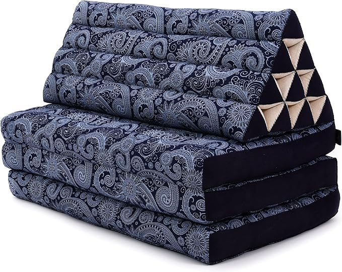 Leewadee Comfortable Japanese Floor Mattress - Thai Floor Bed with Triangle Cushion - Futon Mattress - XL Extra Wide Thai Massage Mat, 67 x 31 inches, Blue White, Kapok Filling