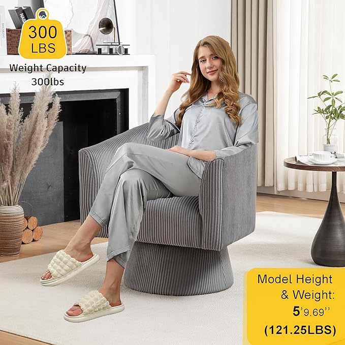 Swivel Accent Chair, Modern 360° Barrel Chair, Corduroy Upholstered Single Sofa for Living Room, Bedroom(Gray)