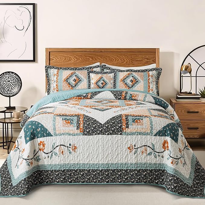 BEDIFANY Cotton California King Size Quilt Sets, Floral Lightweight King Size Bedspread (108 x 118 inch) Cotton Filling Oversized King Quilt Bedding Sets for All Seasons, 3 Pieces