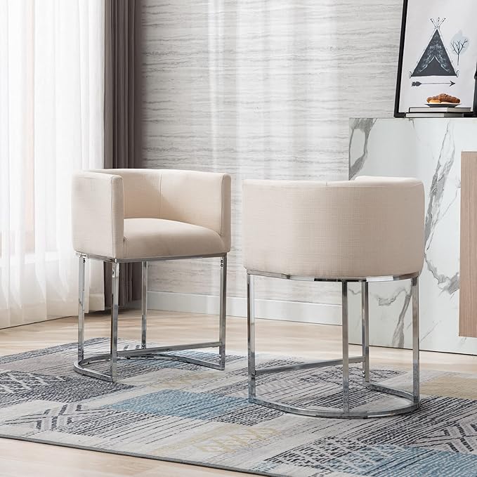 Modern Counter Height Linen Upholstered Bar Stool, 24" Kitchen Counter Island Stool Bar Chairs with Chrome Finish Metal Frame for Kitchen Island, Cream