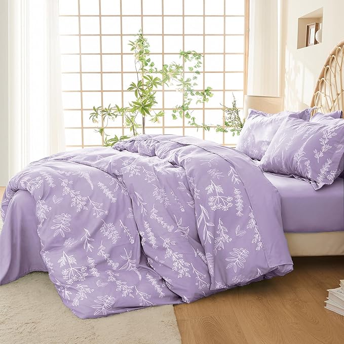 MUXHOMO Lavender Purple Bed in a Bag King 7 Pieces, King Comforter Set Reversible Botanical Flowers Design, Ultra Soft & Breathable Bedding Sets with Comforter, Sheets, Pillowcases & Shams