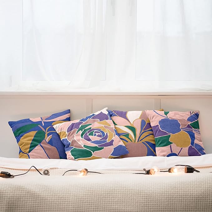 Ambesonne Floral Throw Pillow Cushion Case Pack of 4, Abstract Flowers and Petals with Exotic Vibes Colorful Modern Style, Modern Accent Double-Sided Digital Printing, 20", Rose Dark Violet Mustard