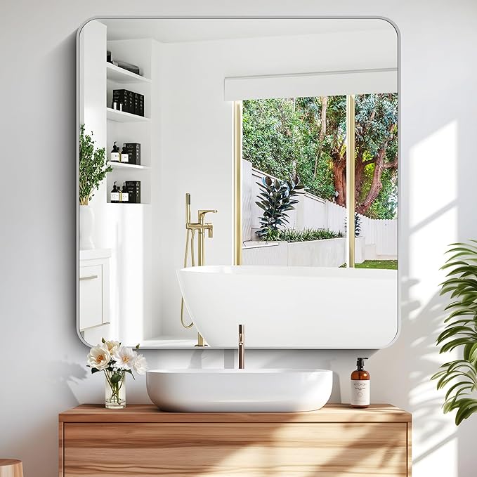 42" x 42"Bathroom Mirror, Silver Wall Mirror with Metal Frame, Decorative Rectangular Vanity Mirror for Bedroom Bathroom Living Room Entryway (Horizontal/Vertical)