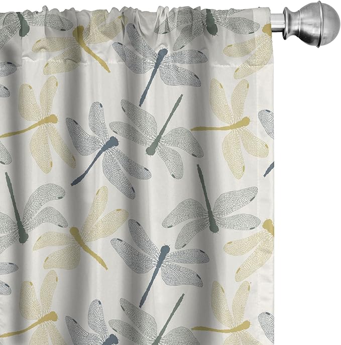 Ambesonne Dragonfly Window Curtains Pack of 2, Colorful Silhouettes of Exotic Insects Open Wings Beauty of Nature, Lightweight Set with Rod Pocket, 4 Panels of - 28" x 84", Green Mustard