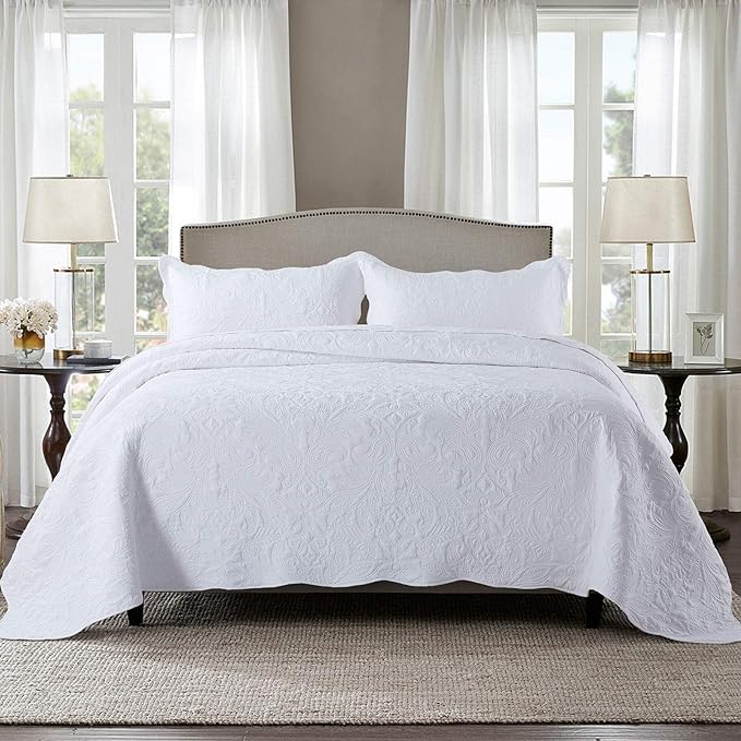HoneiLife Quilt Set Queen Size - 3 Piece Embroidered Microfiber Bedspread Reversible Coverlet Lightweight Bedcover Paisley Pattern Bedding Set All Season Quilts-White
