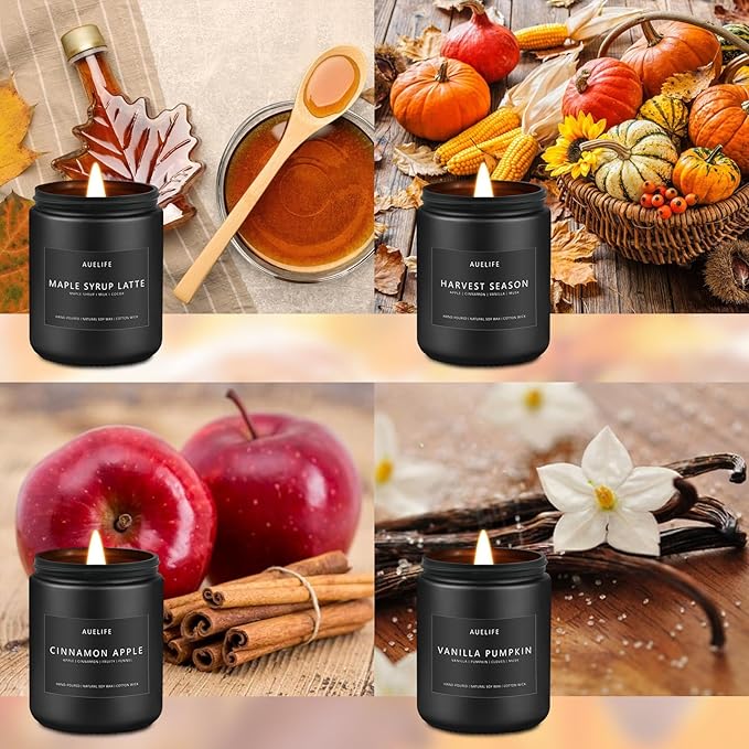 Fall Candles, 4 Pack Soy Candles Set - Autumn Scents of Vanilla Pumpkin, Cinnamon Apple, Harvest Season, Maple Syrup Latte, Aromatherapy Fall Gifts for Men & Women, Thanksgiving Home Decor