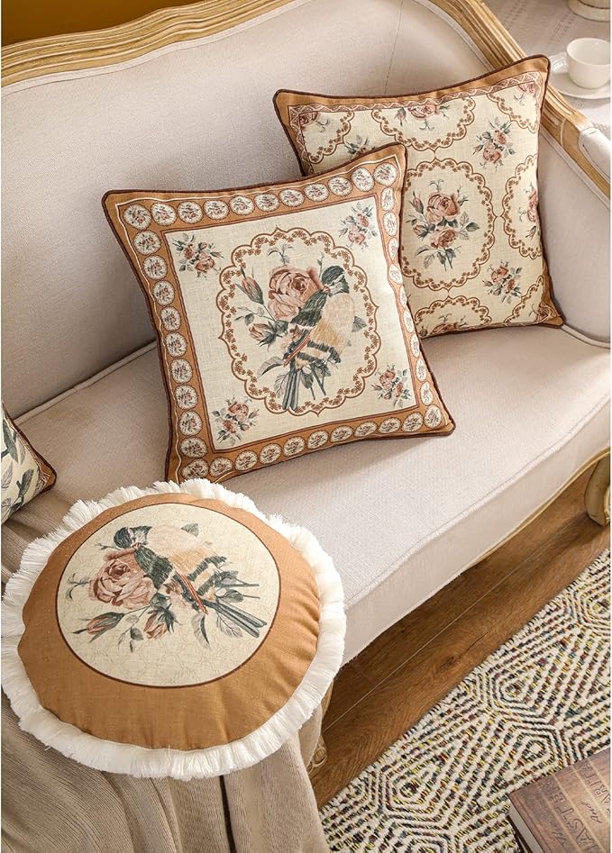 patdrea Designer Vintage Floral Throw Pillow Covers for Couch Set of 2,Brown Linen Pillowcases with Bird and Rose Pattern Decorative Square Cushion for Bed Living Room Outdoor Cafe Car,18"x18"