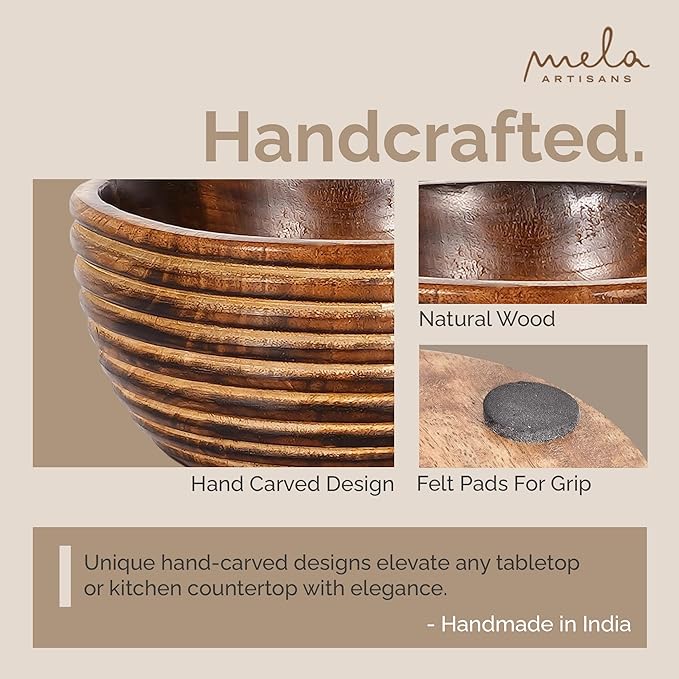 Mela Artisans Wooden Fruit Bowl | Dark Burnt Finish | 9” Decorative Mango Wood Serving Bowl | Multipurpose for Kitchen Countertop | Salad | Snacks | Fruit | Breads & More | Natural Grain Look