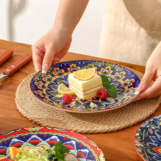 AHX Colorful Ceramic Plate Set of 6 – 8.7 Inch Bohemian Porcelain Plates for Serving Dessert, Appetizer and Salad – Microwave and Dishwasher Safe - Perfect for Party, Daily Meals and Gift Occasions
