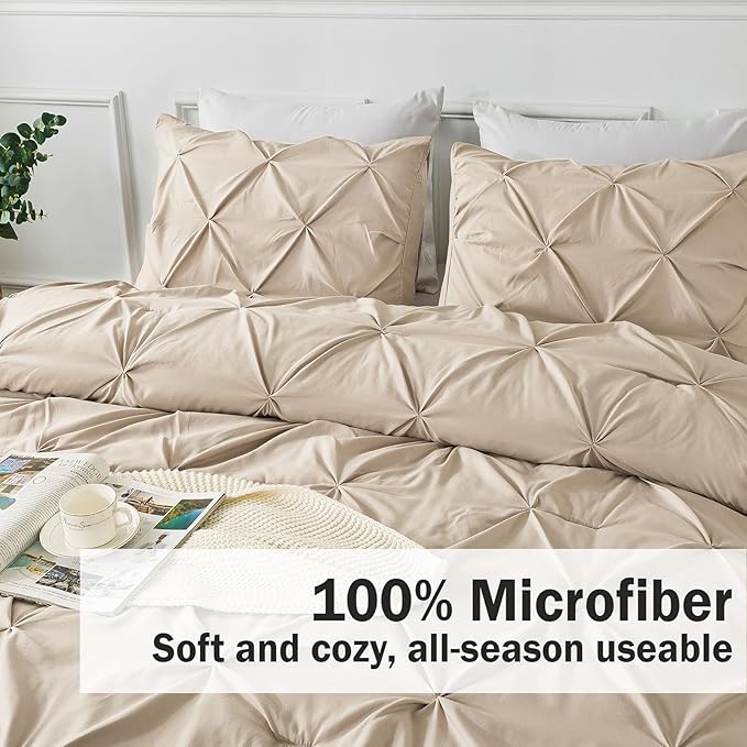 Andency Full Comforter Set Khaki, 3 Pieces Pinch Pleat Bedding Comforters & Sets, Pintuck Lightweight Fluffy All Season Bed Set for Women Men Girls(79x90Inch)