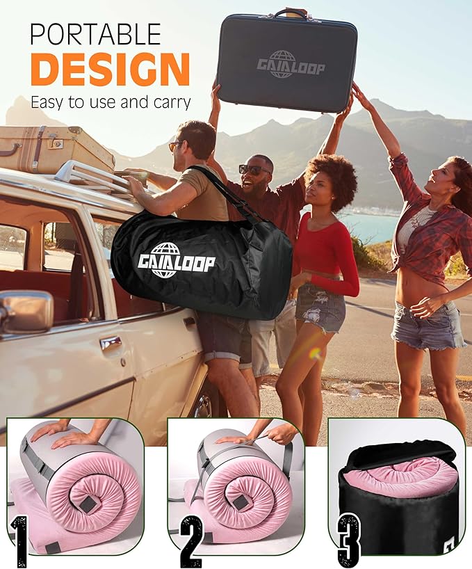 3 Inch GAIALOOP Thick Memory Foam Camping Mattress Sleeping Pad [Car/Tent/Cot] Glamping Portable Floor Mat Roll Up Futon Mattress for Guests Sleepover
