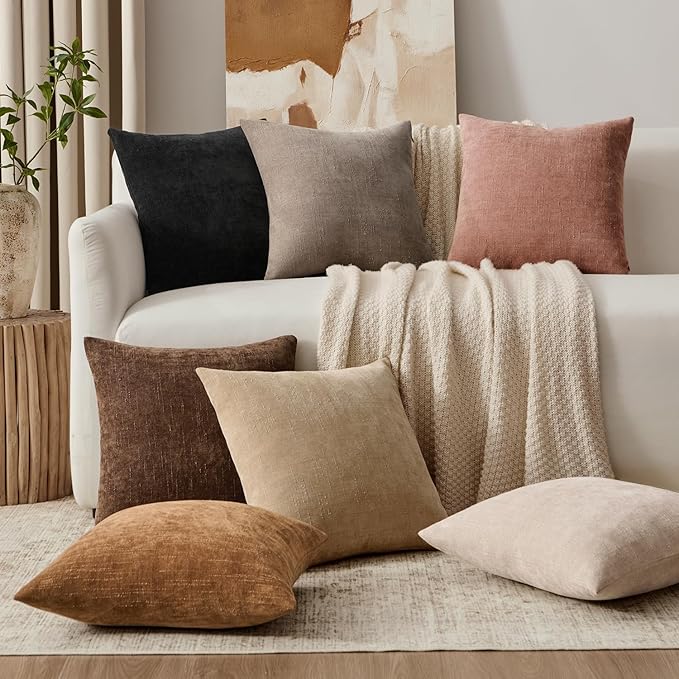 Woaboy Set of 2 Textured Throw Pillow Covers Decorative Soft Accent Square Chenille Pillowcases Neutral Farmhouse Cushions Modern Home Decor for Couch Sofa Bedroom Living Room 20x20 Inch, Beige