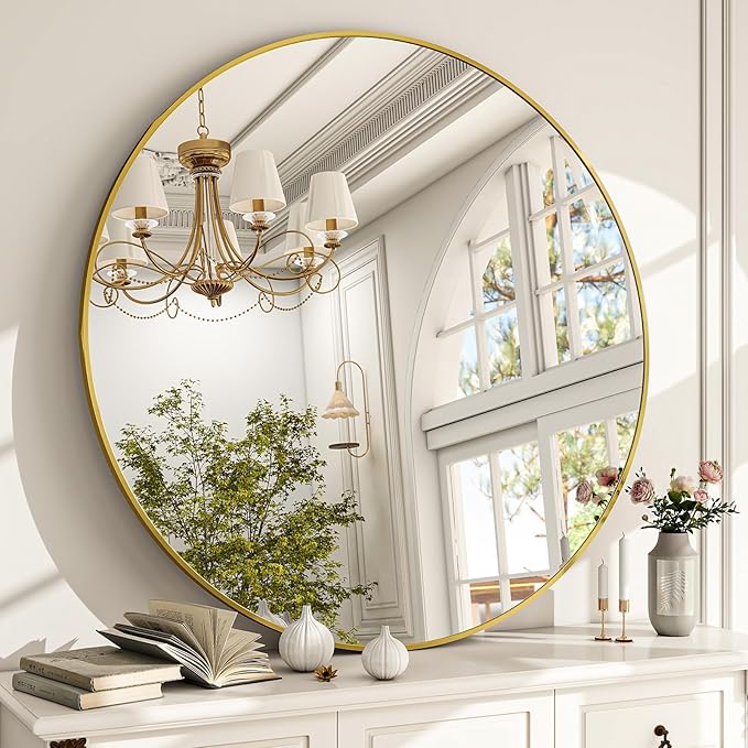 Round Mirror Wall Mounted Mirror - 32" Circle Mirror Bathroom Vanity Mirror with Aluminum Frame for Bedroom Living Room, Entryway Decor Gold Mirror