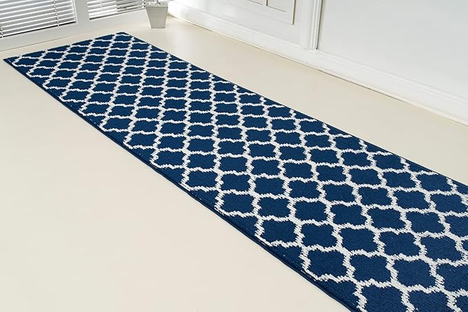 Custom Size Cut to Length Moroccan Trellis Design Runner Rug Mat For Wide Long Hallways with Non-Slip Rubber Backing, Better Traction for Pets, Prevent Slippage, Trellis Navy Blue, 31 inch X 20 feet