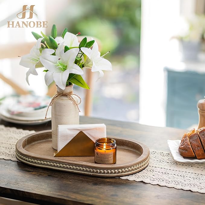 Hanobe Decorative Serving Tray Wood: Brown Bead Oval Tray for Coffee Table Rustic Wooden Trays Decor Farmhouse Kitchen Counter Tray Vintage Centerpiece for Living Room Home Organizer
