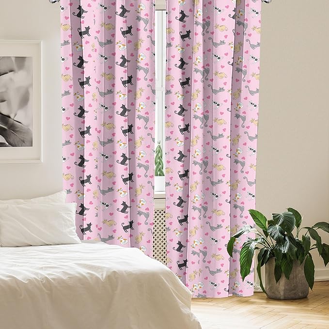 Ambesonne Kitty Curtains, Cats in Colorful Design and Patterns Among Pink Hearts Resting Happy Stretching, Window Treatments 2 Panel Set for Living Room Bedroom, Pair of - 28" x 63", Soft Pink