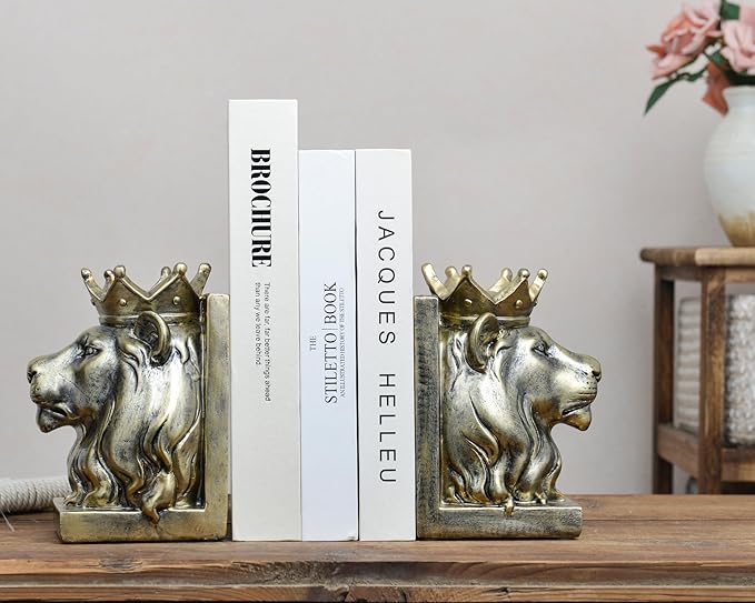 Vintage Gold Lion Book Ends,Animal Decorative Bookends,Resin Book Holder,Luxurious Book Ends for Shelves Rooms Office Home Decor,Unique Book Lover Gift(Gold Lion)