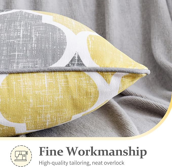 Beauoop Decorative Chenille Throw Pillow Covers with Moroccan Quatrefoil Geometric Double-Sided Print Square Soft Pillow Cases for Couch, Sofa, Living Room, Bedroom, 18"x18", Set of 2, Yellow Gray
