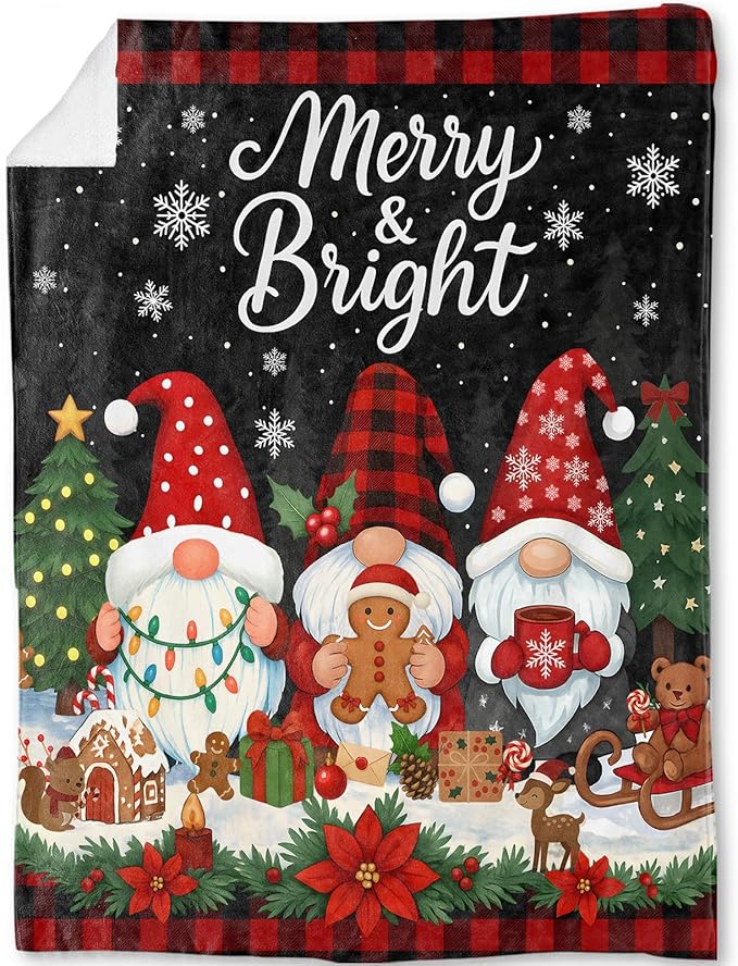 Gnome Christmas Decorative Throw Blanket, Merry Bright Red Black Plaid Gingerbread Print Decoration, Flannel Winter Blankets for Couch Sofa, Holiday Home Decor, Xmas Festival Gifts 50x60 Inch