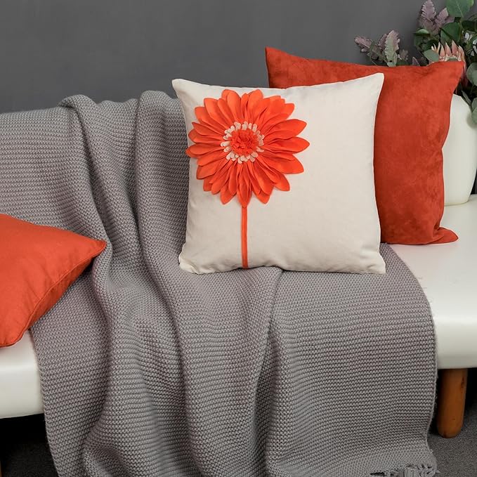 JWH Decorative Flower Throw Pillow Covers 3D Sunflower Pillow Case Velvet Cushion Floral Pillowcase for Bed Living Room Couch Chair 18x18 Inches Creamy White Orange