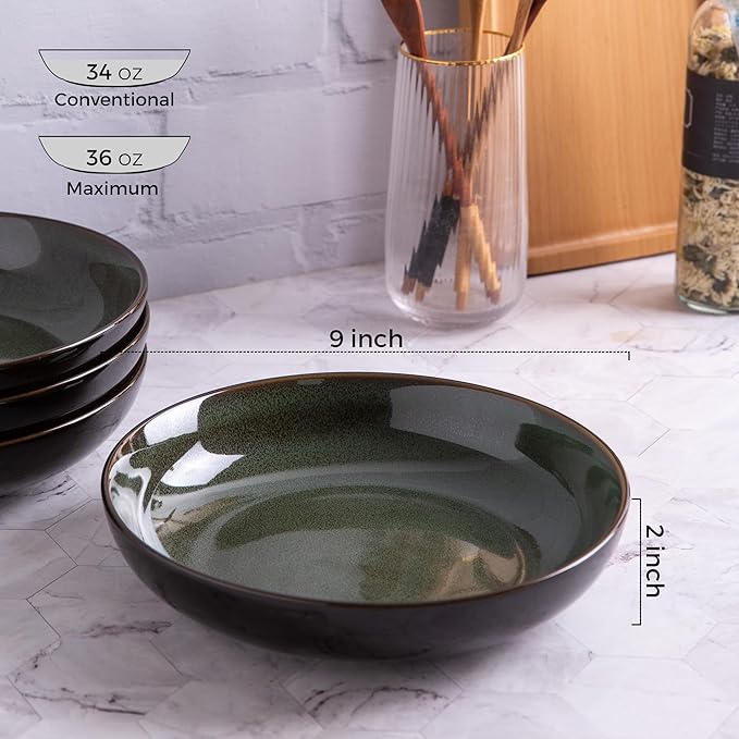 LERATIO Large Pasta Bowls,38oz Ceramic Pasta Bowls,9.0" Reactive Glaze Pasta Bowl Set of 4,Microwave & Dishwasher,Oven Safe,Wide Serving Bowls for Salad,Pasta,Fruit,Scratch Resistant-Green
