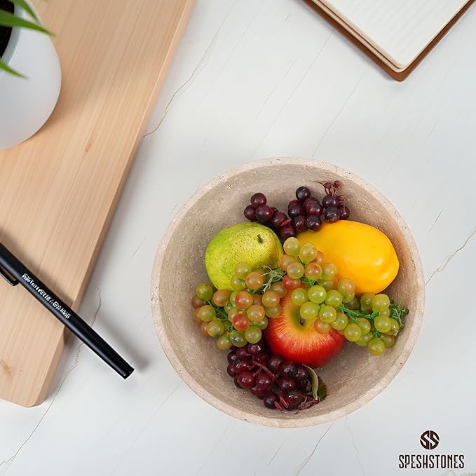 Marble Fruit Bowl 10 Inch Handmade Travertine Large Decorative Bowl for Home and Kitchen Counter - Modern Candy Bowl, Pedestal Bowls for Dining, Coffee Table Centerpiece & Entryway Decor