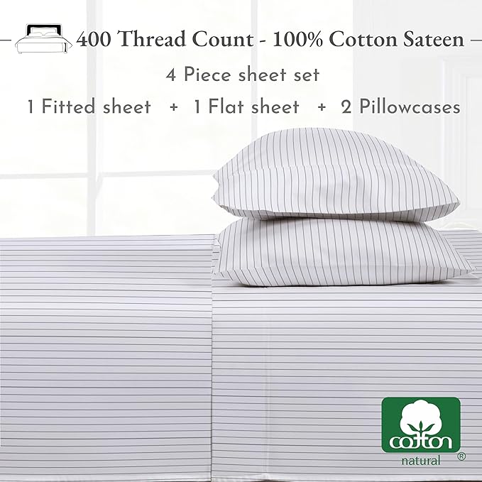 California Design Den Queen Sheet Set - 400 Thread Count Sateen, Natural 100% Cotton Sheet Set Queen Size, Deep Pocket Cooling and Durable Bedding - Pinstriped