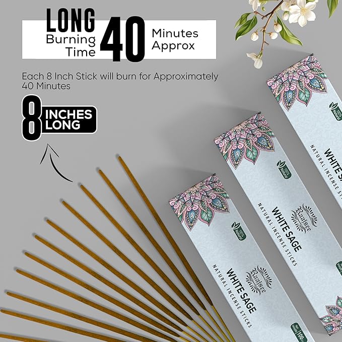 Raajsee White Sage Incense Sticks (180 gm), 100% Pure Organic Natural Hand Rolled Free from Chemicals - Perfect for Aromatherapy, Cleansing, Meditation, and Church (Pack of 12)