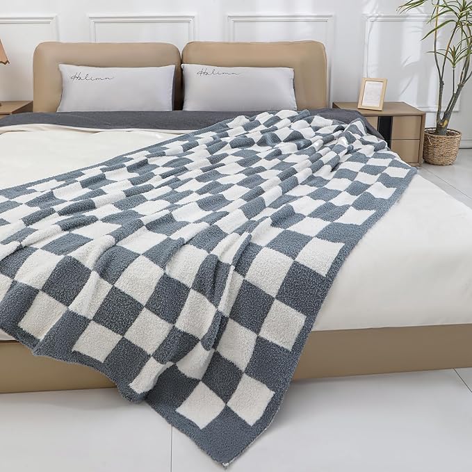 bearberry Fuzzy Checkerboard Grid Throw Blanket Knitted Soft Cozy Warm Microfiber Blanket Decor for Couch Sofa Bed Home Travel (Charcoal Grey, 40''x50'')