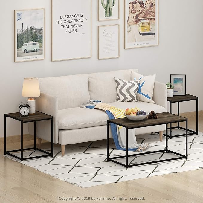 Furinno Camus Modern Living Room Coffee Table with 2 End Tables Set, Columbia Walnut