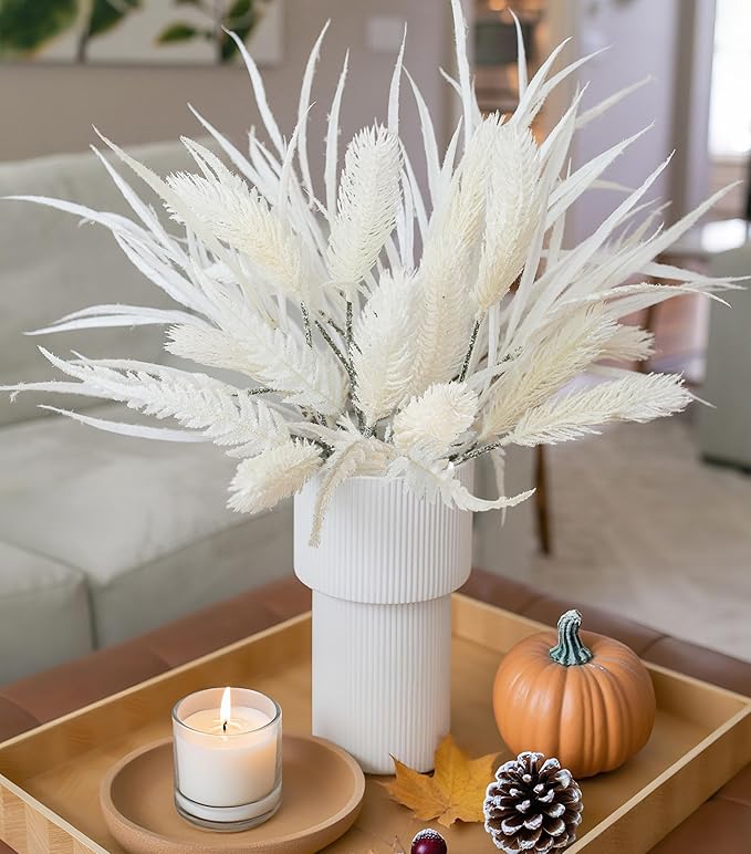 7 PCS Artificial Fall Stem Fake Plants, 26 in Fake Leaves Autumn Greenery Branches White Flowers Faux Foliage DIY Stems for Vase Thanksgiving Home Kitchen Office Indoor Centerpiece Table Decoration