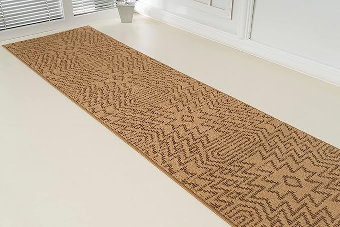 Custom Length Cut to Size Tribal Ethnic Southwestern Inspired Hallway Runner Rug, Non Slip Rubber Backed, 31 inch Wide X Customized Length, Inca Tan, 31 inch X 23 feet