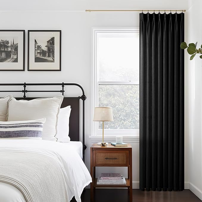 Black Linen Semi Sheer Curtains 96 Inches Long for Living Room Bedroom Light Filtering Black Textured Burlap Pinch Pleated Curtains 96 Length Hooks Rings Back Tab for Sliding Glass Door 1 Panel