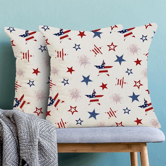 4th of July Pillow Covers 20 x 20 Inch, White Red Blue Patriotic Stripe Star Decor Throw Pillows for Couch Bed, American Flag Independence Day Decorative Pillowcase Linen Cushion Cover Set of 2