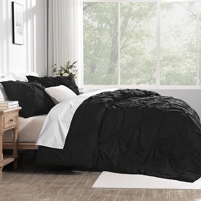 Andency Black Pinch Pleat Comforter Twin(66x90Inch), 2 Pieces(1 Pintuck Comforter, 1 Pillowcase) Pintuck Comforter Set,Microfiber All Season Down Alternative Comforter Bedding Set