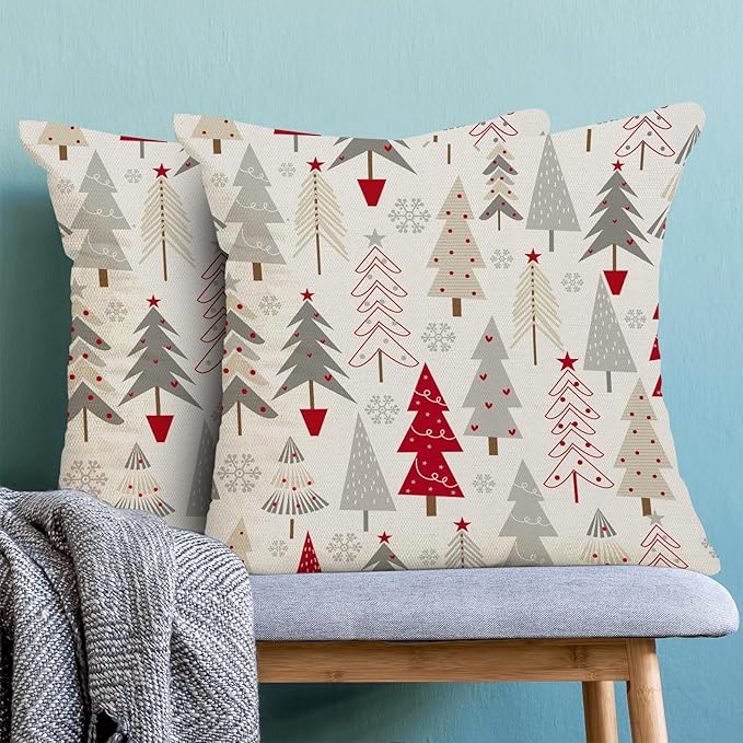 Christmas Pillow Covers 22 x 22 Inch, Colorful Red Grey Beige Christmas Tree Decor Throw Pillows for Home Couch Bed, Winter Xmas Snowflake Decorative Pillowcase Linen Cushion Cover Set of 2