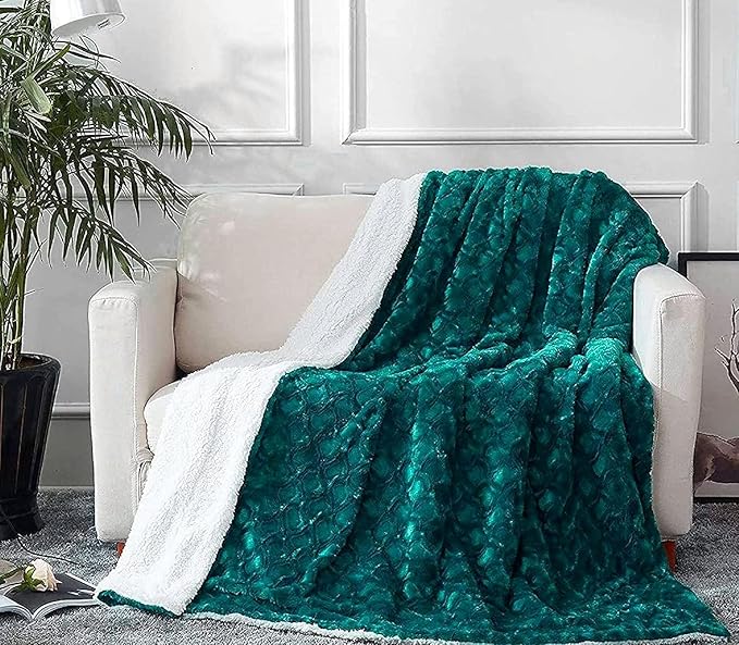 DaDa Bedding Lavish Emerald Green Blue Faux Fur Fuzzy Throw Blanket - Mermaid Scales Design White Sherpa Backside - Soft Warm Plush Bright Vibrant Jewel Tones Embossed for Bed/Couch - 63" x 90"