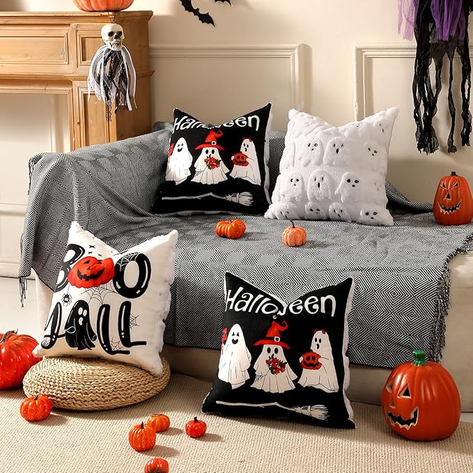 TOYPOPOR Halloween Decorations, 2 Packs Double Sided Ghost Pillow Covers, Soft Faux Fur Throw Pillow Cases, Indoor Outdoor Couch Cushion Case for Fall Autumn Bedroom Living Room Home Decor 16''x16''