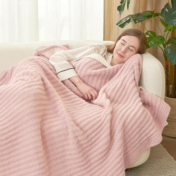 Snuggle Sac Pink Throw Blanket for Couch, Soft Cozy Ribbed Fluffy Blankets for Women, Warm Microfiber Knit Cute Throws for Girls Daughter Women Gifts for Mom, Pink, 50x60 inches