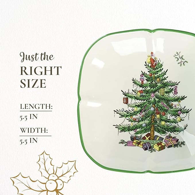 Spode Christmas Tree Sculpted Square Dish - 5.5" Festive Serving Bowl for Holiday Appetizers, Desserts & Seasonal Snacks, Winter Table Décor - Fine Porcelain - Christmas Tableware