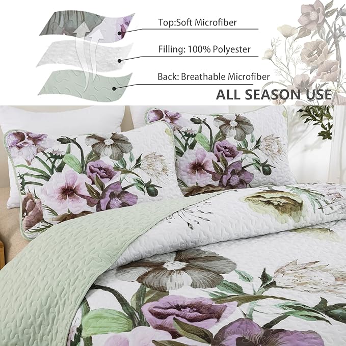 Floral Quilt Set Full 3 Pieces Boho Green Floral Quilt Coverlet Set Soft Microfiber Lightweight Green Quilted Bedspread for All Season 80"x90"