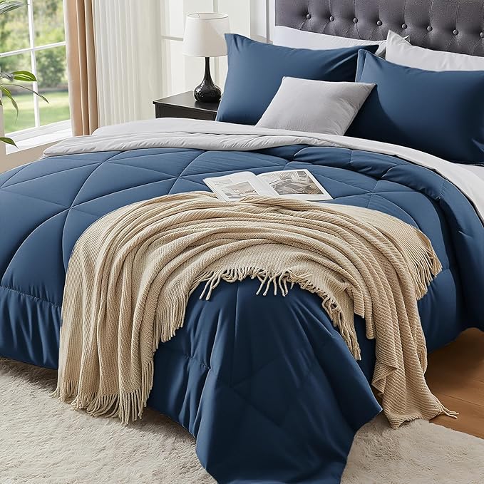 BEDELITE King Size Comforter Set 7 Pieces Bed in A Bag - Soft Microfiber Reversible Calm Blue Bed Set with Comforters, Sheets, Pillowcases & Shams, Cozy Luxury Bedding Sets for All Season